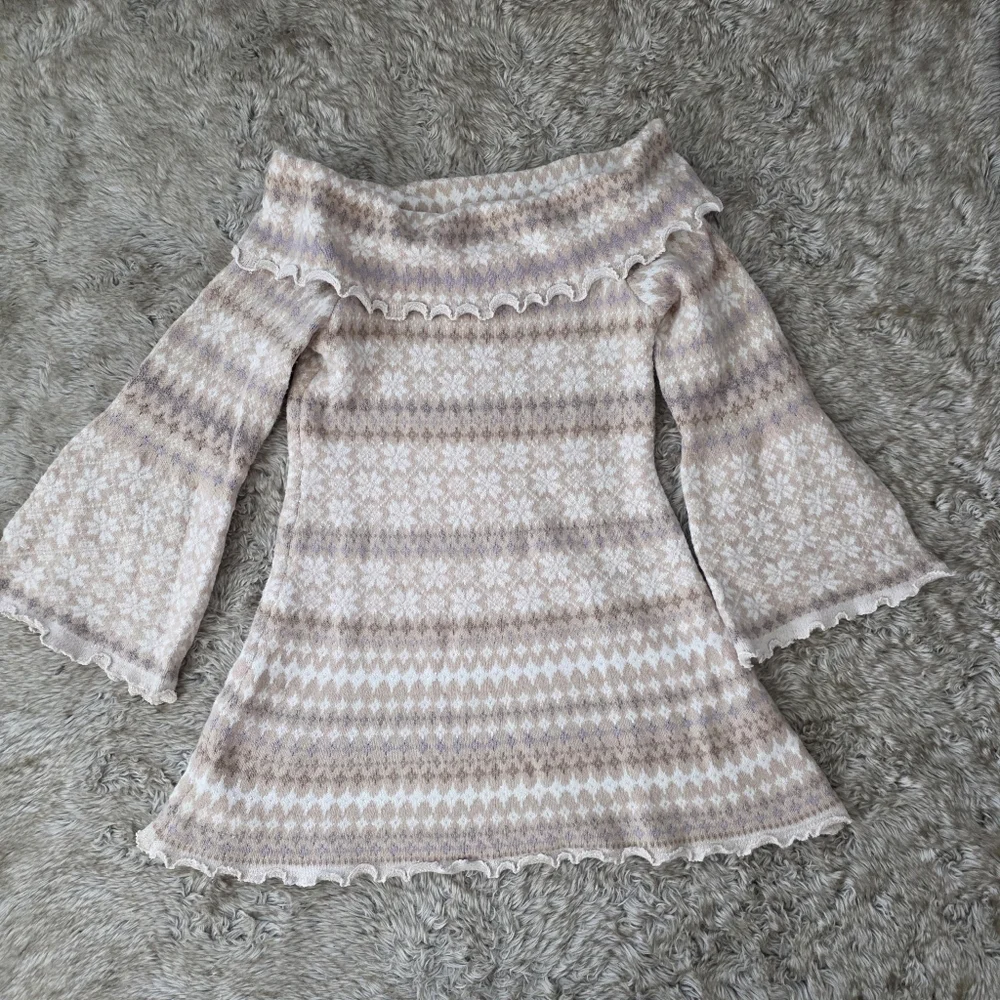 Free‎ People Fiona Fair Isle Mini Sweater Dress Neutral Combo Women's Size XL